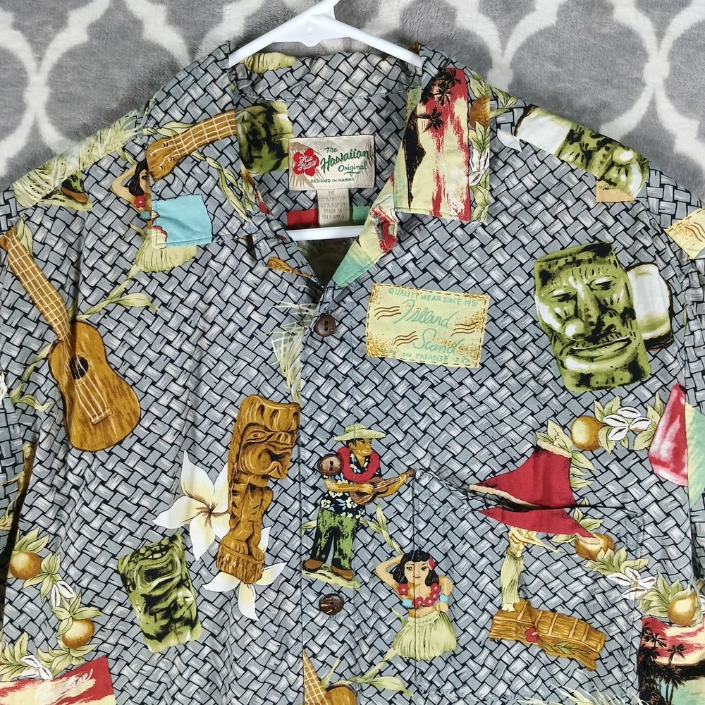 Hilo Hattie Hawaiian Shirt Men Size Medium Grey Tiki Bar Hula Print Camp